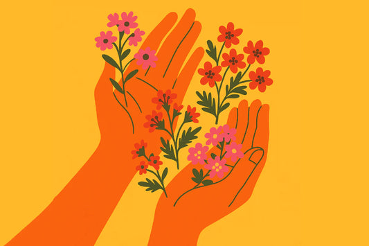 Ilustración de manos sosteniendo flores como símbolo de autocuidado íntimo, en el contexto de cómo se usa el Satisfyer con conciencia.