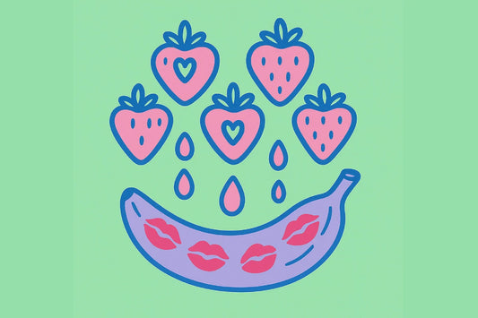 Ilustración simbólica en colores pastel con fresas y plátano representando el beso de Singapur de forma creativa y abstracta