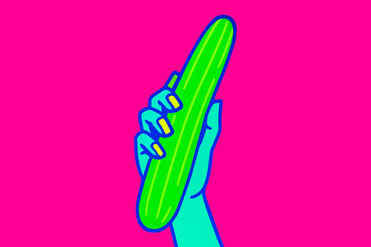 Ilustración vibrante de una mano sujetando un pepino, simbolizando de forma creativa el tema de cómo masturbarce desde una perspectiva femenina.