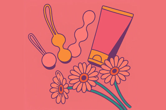Ilustración artística de bolas chinas con lubricante íntimo y flores, representando el uso consciente y estético del producto