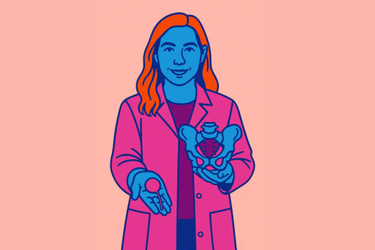  Ilustración de doctora enseñando cómo funcionan las bolas chinas con modelo anatómico