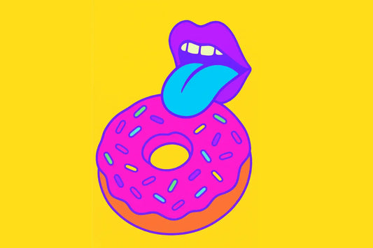 Ilustración divertida de felaciones con dona colorida y labios estilizados