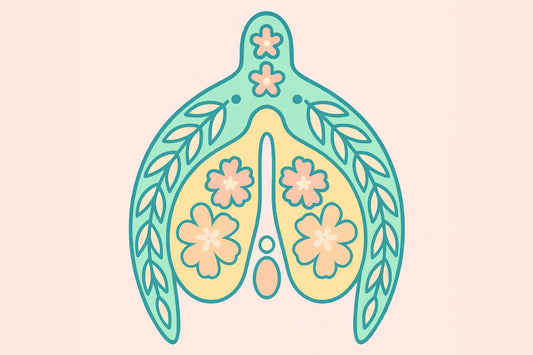 Ilustración anatómica artística sobre qué es el clítoris con flores y hojas.