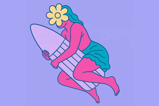 Ilustración artística de una mujer abrazando un vibrador — guía visual sobre como masturbarse con un vibrador.