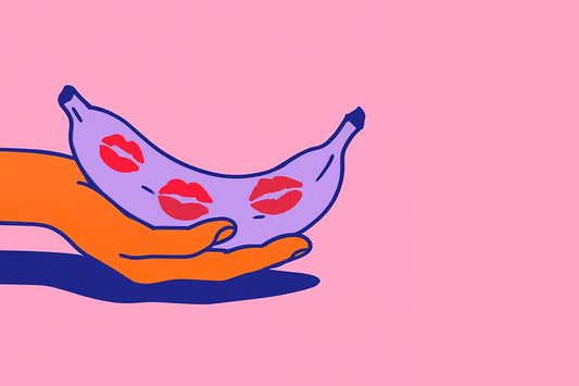  Ilustración de plátano con besos sostenido por una mano, arte conceptual sobre felaciones y conexión íntima