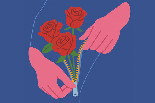  Ilustración de manos abriendo cremallera con rosas, simbolizando la exploración del punto G mujer