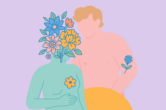 Ilustración conceptual de una pareja en conexión emocional, asociada a la posición de perrito desde un enfoque consciente