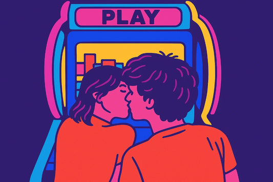 Ilustración colorida de una pareja besándose frente a una máquina con la palabra "PLAY", representando el juego de sexo y la conexión íntima.