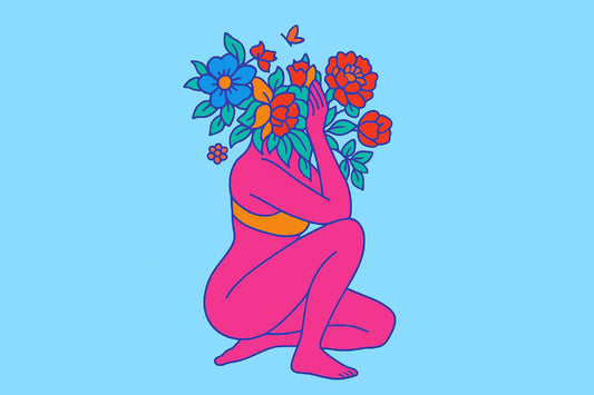 Ilustración artística de mujer en posición introspectiva con flores, simbolizando la conexión emocional durante la masturvacion femenino consciente.