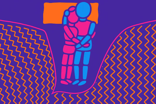 Ilustración colorida de una pareja practicando la posición sexual de la cucharita