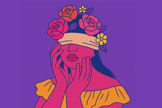 Ilustración conceptual de una mujer con los ojos vendados y flores, representando la exploración íntima en el bondage.