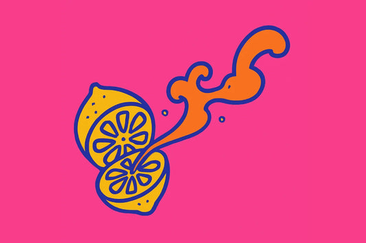 Ilustración simbólica con limones exprimidos y un chorro colorido, representando metáforas visuales del juego de sexo y la liberación del placer.