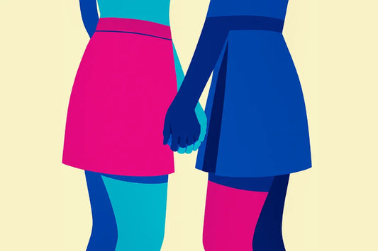 Ilustración pop art de dos mujeres tomadas de la mano, vestidas con faldas de colores brillantes, representando conexión íntima y confianza en el sexo lésbica