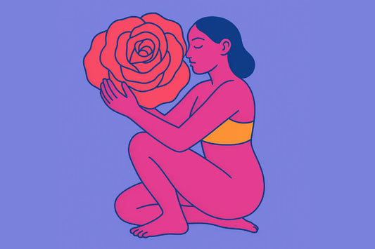 Ilustración estilizada de una mujer abrazando una flor gigante, representando la aceptación del tipo de vaginas.
