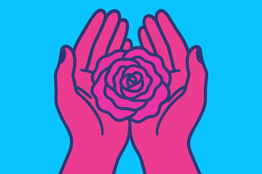 “Ilustración pop art de manos sosteniendo una flor como metáfora visual de los tipos de vajinas”