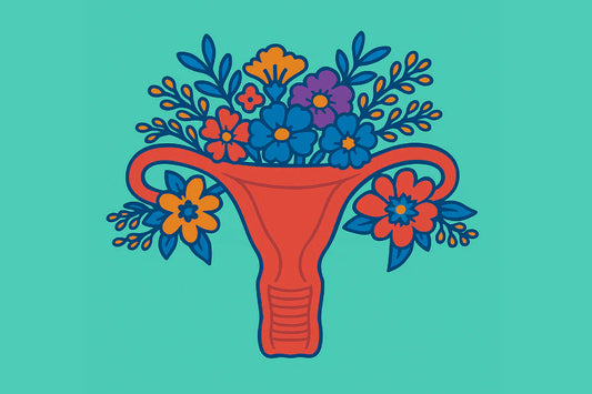 Ilustración colorida del útero decorado con flores, simbolizando la fertilidad, diversidad y belleza de los distintos tipos de vulvas en el cuerpo femenino.