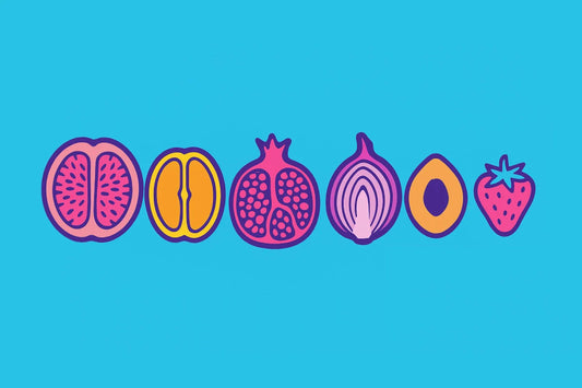 Ilustración colorida de frutas en forma simbólica que representa la diversidad de las vaginas de mujeres, sobre fondo azul brillante.