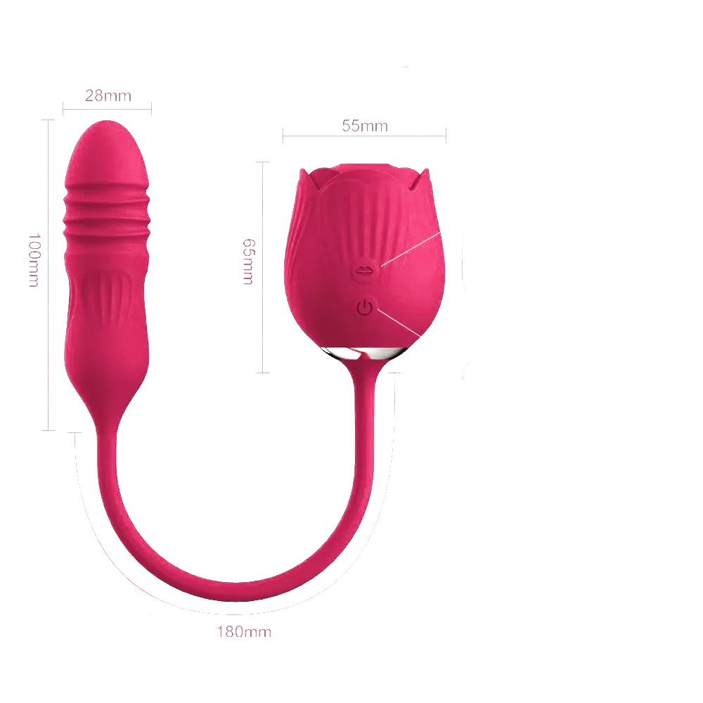 Dimensiones del juguete Camila: succionador de clítoris y vibrador con función de empuje, ideal para una estimulación interna y externa.