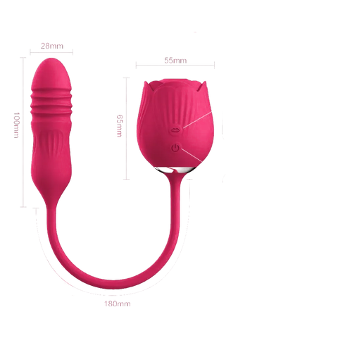 Dimensiones del juguete Camila: succionador de clítoris y vibrador con función de empuje, ideal para una estimulación interna y externa.