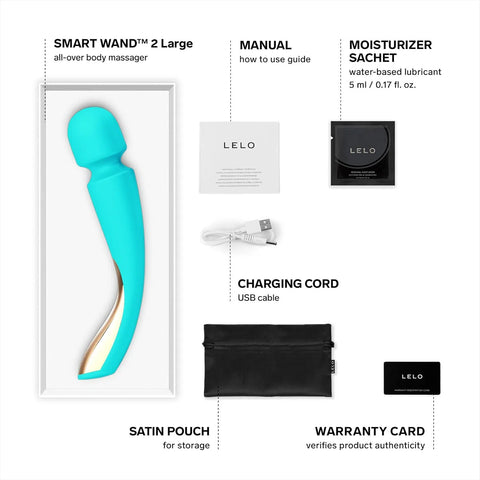 Contenido completo del paquete de LELO SMART WAND 2, elegante consolador lelo con accesorios: manual, lubricante, cable USB y bolsa de satén.