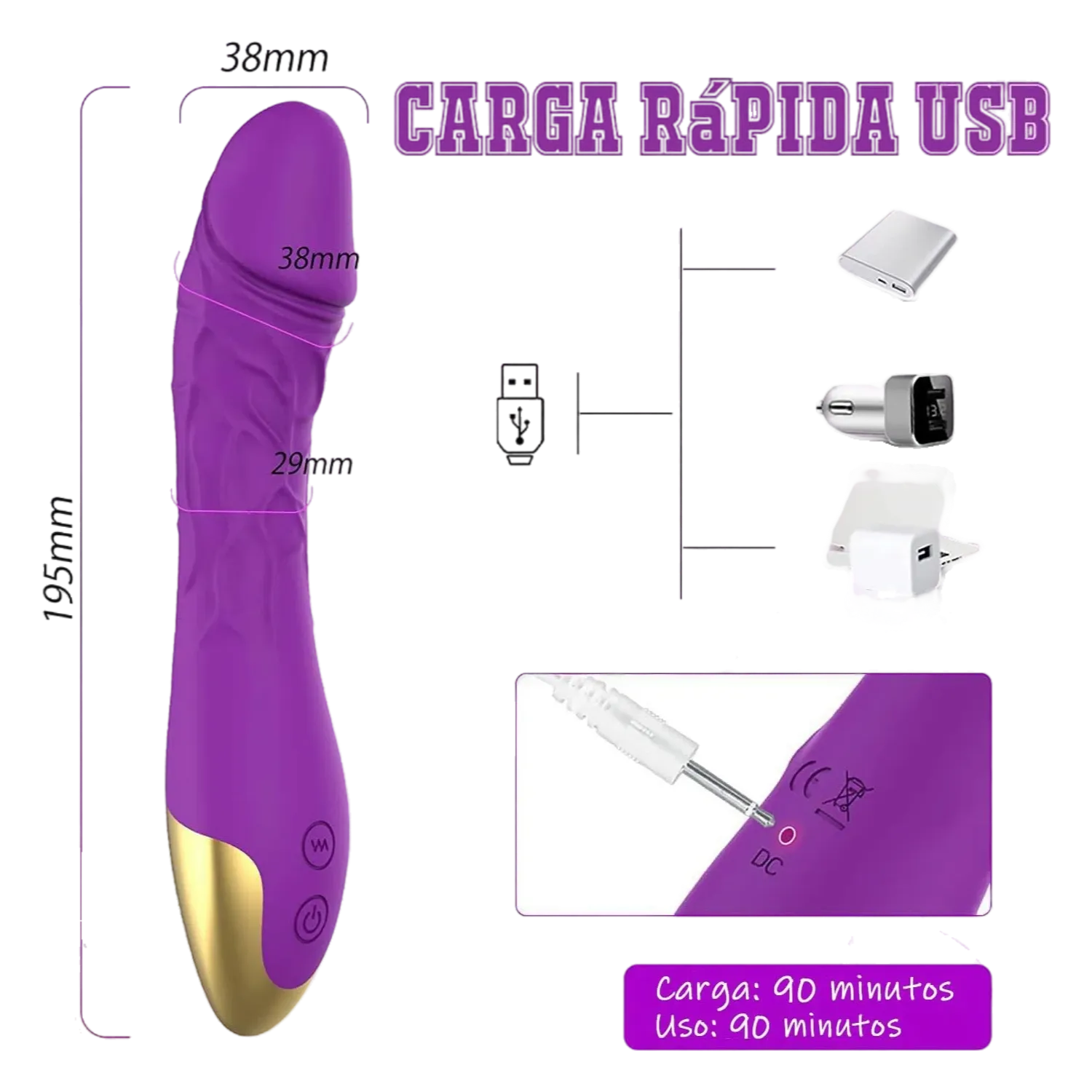 Consolador para mujer Nova con carga rápida USB y medidas anatómicas detalladas