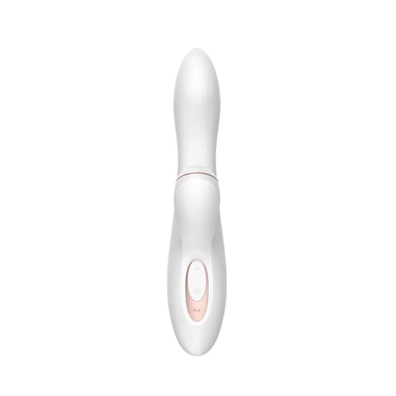 Vista frontal del consolador satisfyer con diseño elegante y estimulación doble para mujer