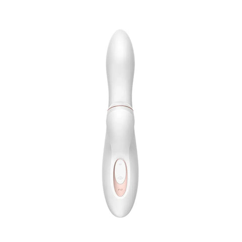Vista frontal del consolador satisfyer con diseño elegante y estimulación doble para mujer