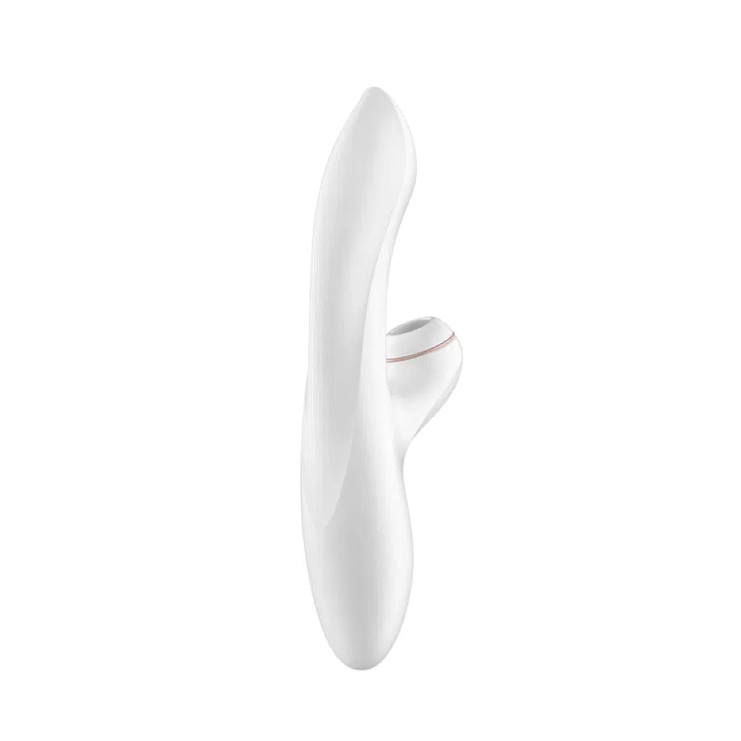 Vista lateral del satisfyer pro g spot rabbit, mostrando su diseño doble para estimulación del clítoris y la zona G