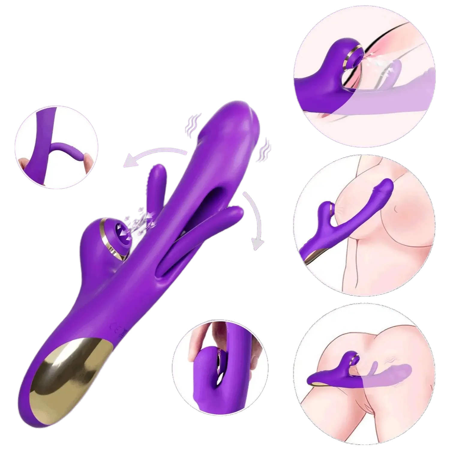 Vera vibrador 3 en 1 púrpura de Desire Mosaic con brazo flexible, 7 modos de vibración, tapping para el punto G y succión para el clítoris, ideal para múltiples placeres.