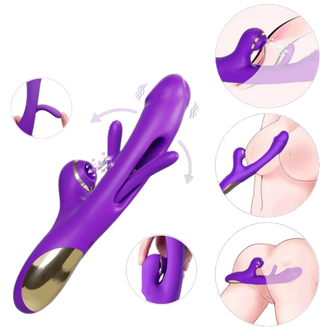 Vera vibrador 3 en 1 púrpura de Desire Mosaic con brazo flexible, 7 modos de vibración, tapping para el punto G y succión para el clítoris, ideal para múltiples placeres.