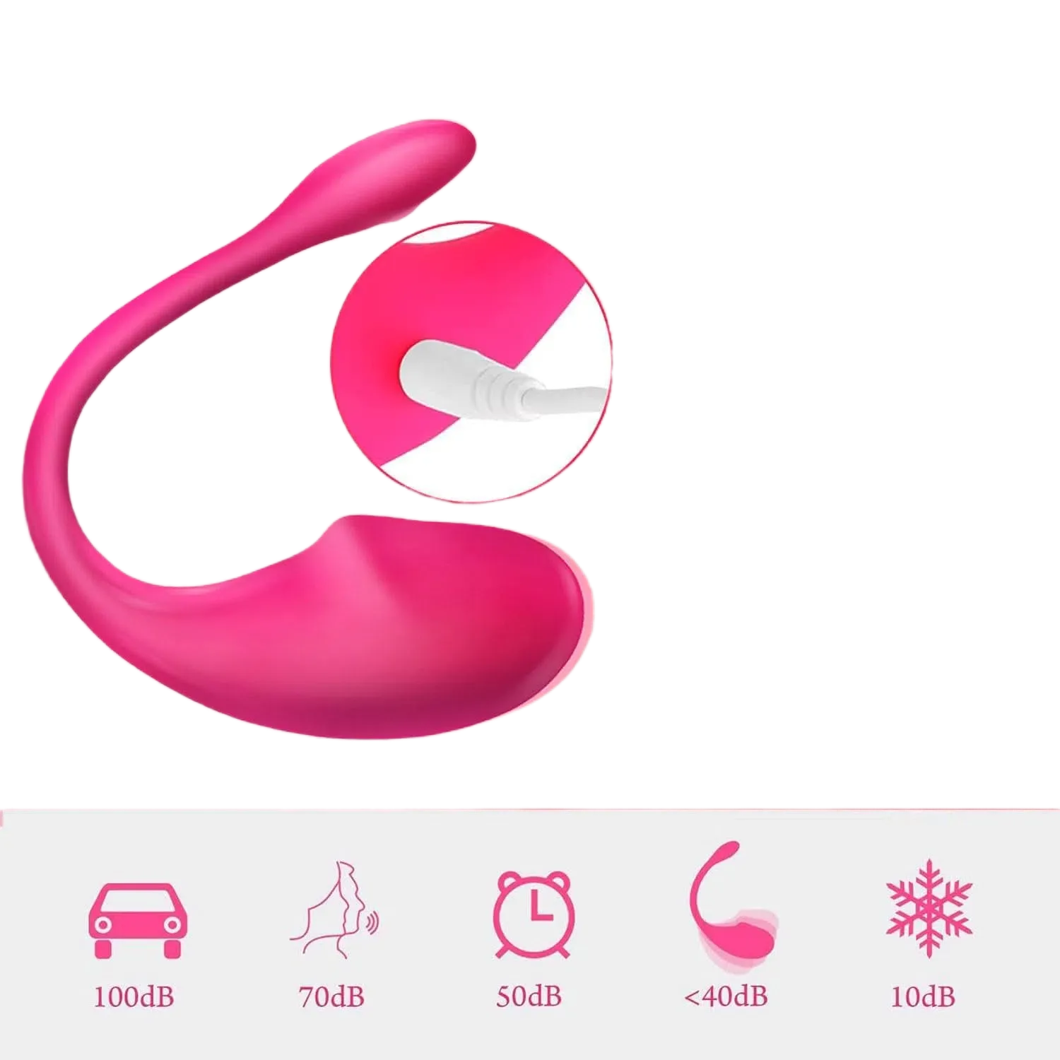 Vibrador LUA con carga USB magnética, tiempo de carga 1.5h, uso continuo hasta 2 horas.