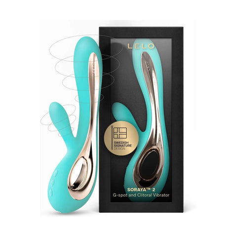 LELO SORAYA 2, uno de los vibradores para mujer con estimulación interna y externa, presentado junto a su caja de lujo.