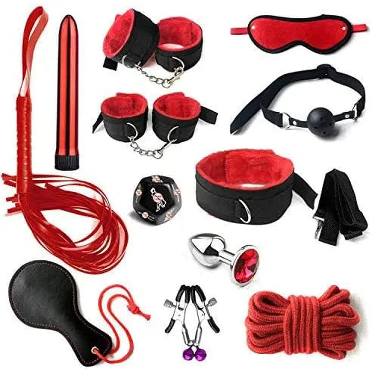 Kit Vulcan de 10 piezas para juegos para follar, incluye esposas, látigo, mordaza, plug anal y más accesorios eróticos.

